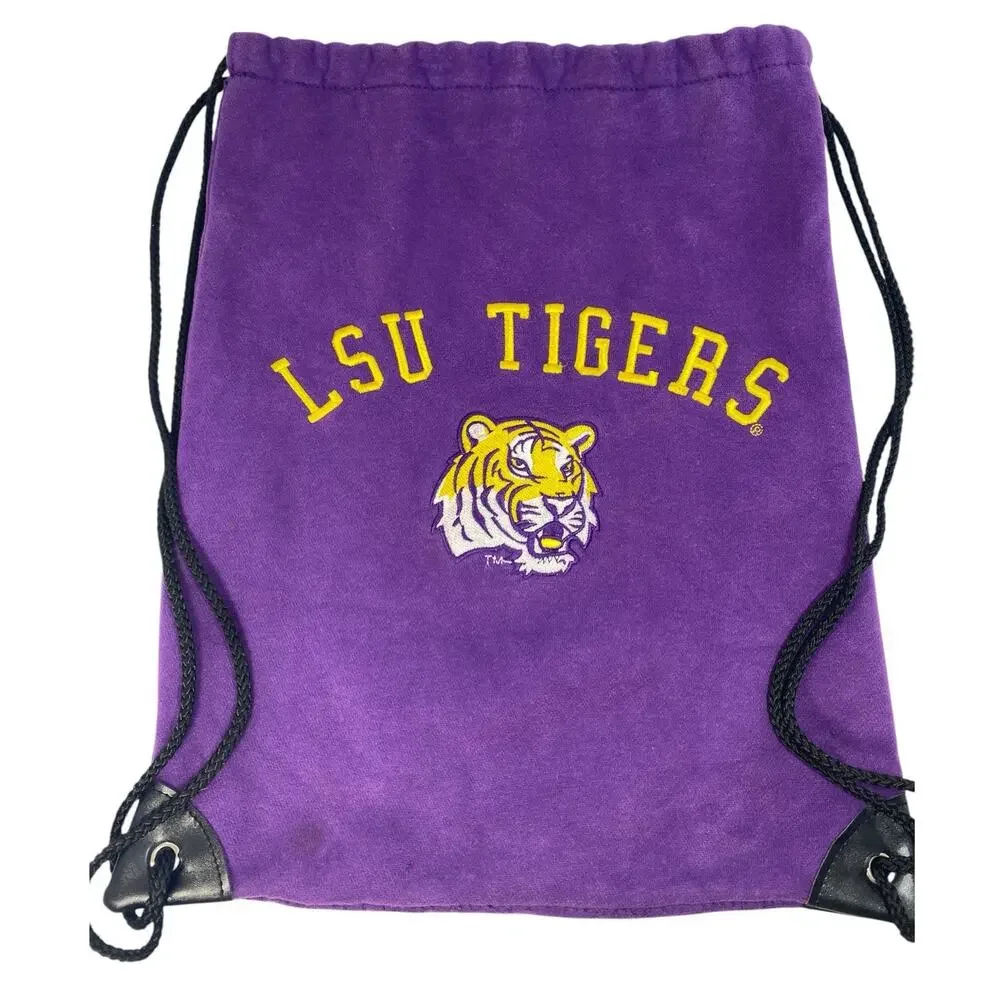 Vtg 90s LSU Tigers Unisex Drawstring Backpack Fleece Purple Spellout Cinch Bag